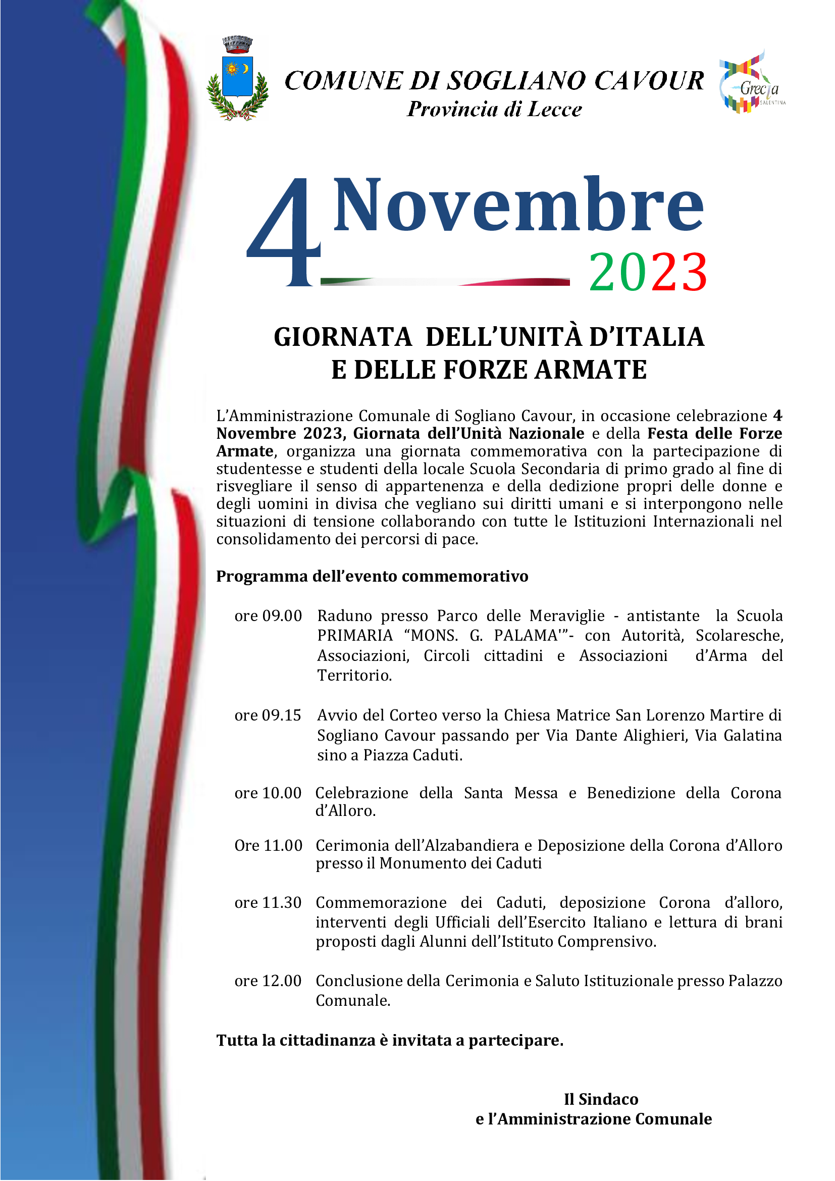 4 NOVEMBRE 2023 - GIORNATA DELL'UNITA' D'ITALIA E DELLE FORZE ARMATE